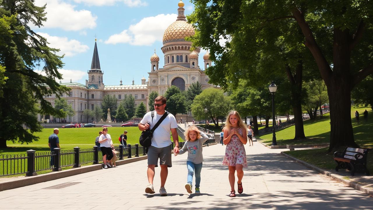 Семья с детьми гуляет в московском парке